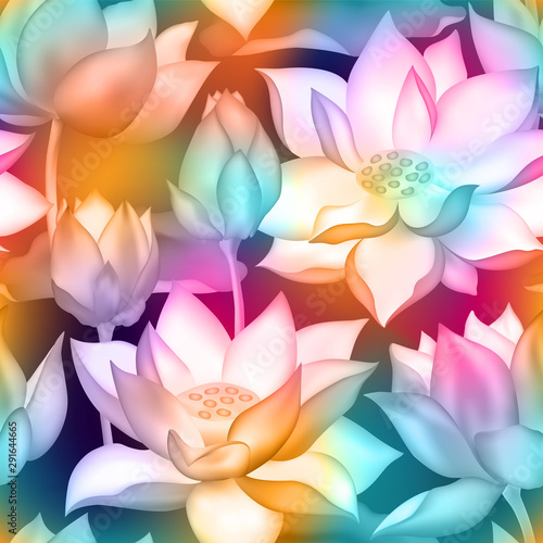 Lotus buds and flowers seamless background. Water lilly nelumbo aquatic plant illustration.