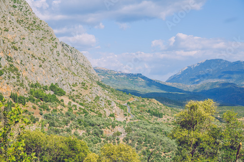 City Delphi. Greek Republic. Nature and mountains on a sunny summer day. 13. Sep. 2019.