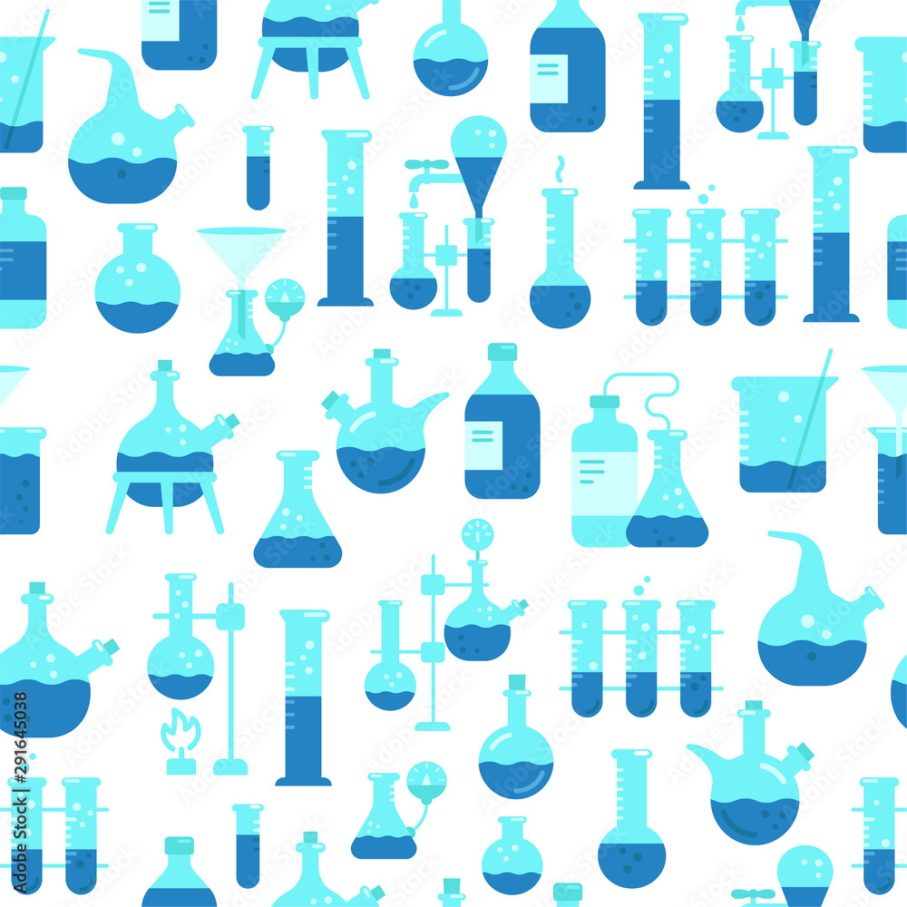 Chemistry equipment seamless pattern background. Science production of chemicals. Laboratory research. Medical tests. Chemistry equipment seamless pattern background. Science production of chemicals. Laboratory research. Medical tests.