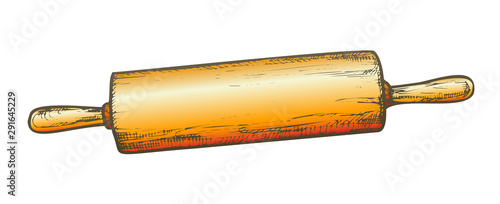 Rolling Pin For Dough Kitchenware Vintage Vector. Wooden Rolling Pin Pastry Cooking Tool Ware. Bakery Kitchen Utensil Item Engraving Mockup Hand Drawn In Retro Style Color Illustration