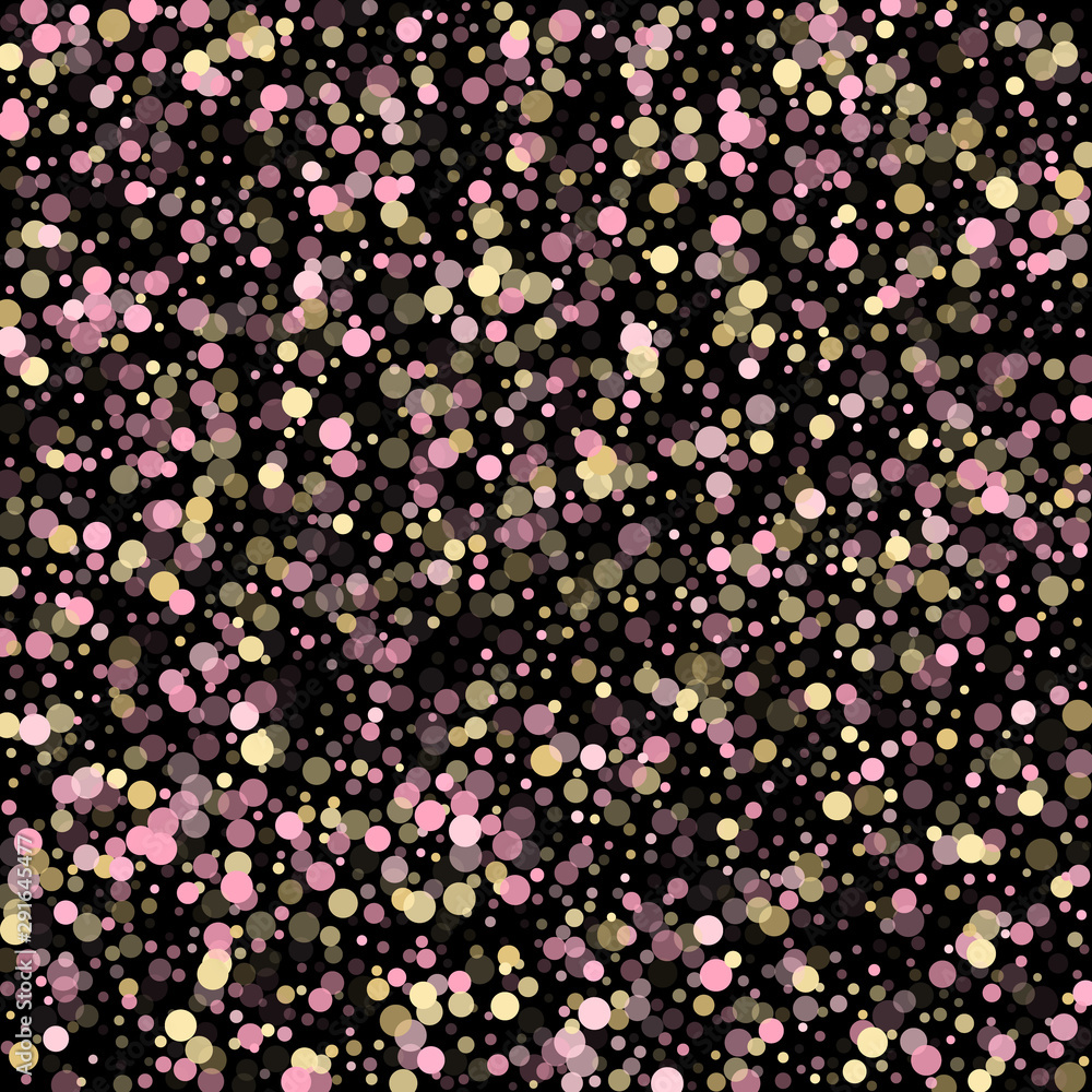 Bokeh lights effect vector. Gold, pink and rose color round confetti dots, circles scatter on black. Bokeh lights effect vector. Gold, pink and rose color round confetti dots, circles scatter on black.