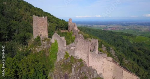 Soaring Aerial View of Flying Past French Castle Chateau de Saint-Ulrich Towards Chateau du Girsberg in Alsace-Lorraine, France photo