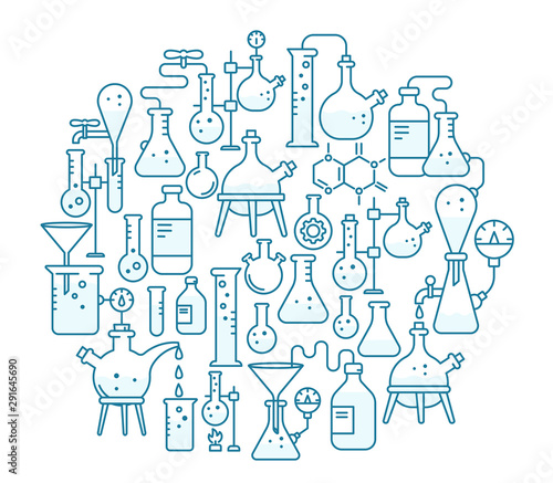 Chemistry round background. Education science. The production of chemicals kit. Laboratory research experiments equipment. Contour blue line.