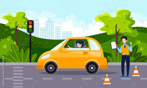 Fototapeta Naklejka Na Ścianę i Meble -  A driving instructor teach a happy young woman to drive a car. Driving school concept, driver's license, traffic rules and test. Vector flat illustration. Natural landscape on the background.