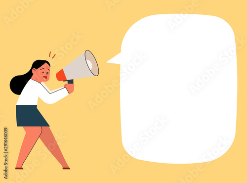 Businesswoman shouting and screaming with megaphone, vector cartoon illustration.