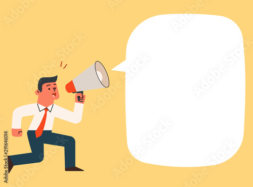 Businessman shouting and screaming with megaphone, vector cartoon illustration.