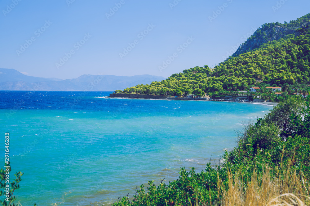City Athens, Greek Republic. Beach and blue water. Green nature 14. Sep. 2019.