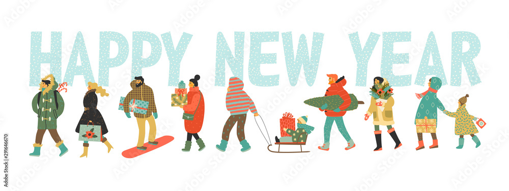 Christmas and Happy New Year illustration whit people.