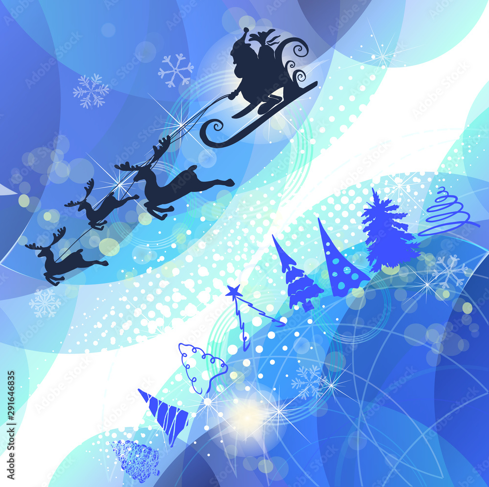 Obraz premium Blue background with snowflakes. Santa Claus is flying in a sleigh across the sky on deer. Vector illustration