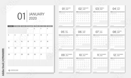 Calendar 2020 week start Sunday corporate design planner template.