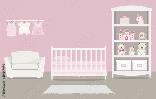 Pink bedroom for a baby girl. Kid's room for a newborn baby. Interior.  There is a cot, a wardrobe with toys, armchair, baby clothes and other things in the picture. Vector illustration