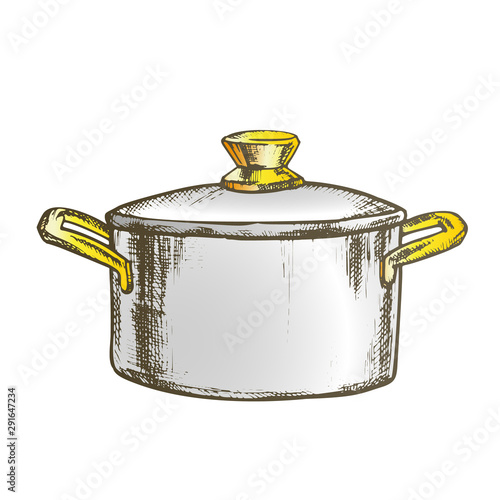 Pot Stainless Cooking Kitchenware Vintage Vector. Metallic Kitchen Accessory Pot For Boiling Water And Cook Food. Saucepan Engraving Template Designed In Vintage Style Color Illustration