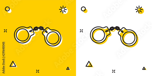 Black Handcuffs icon isolated on yellow and white background. Random dynamic shapes. Vector Illustration