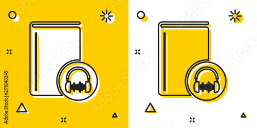 Black Audio book icon isolated on yellow and white background. Book with headphones. Audio guide sign. Online learning concept. Random dynamic shapes. Vector Illustration
