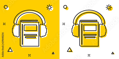 Black Audio book icon isolated on yellow and white background. Book with headphones. Audio guide sign. Online learning concept. Random dynamic shapes. Vector Illustration