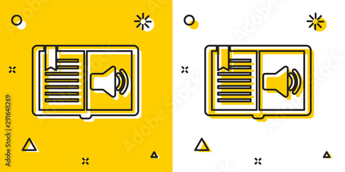 Black Audio book icon isolated on yellow and white background. Audio guide sign. Online learning concept. Random dynamic shapes. Vector Illustration