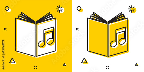 Black Audio book icon isolated on yellow and white background. Musical note with book. Audio guide sign. Online learning concept. Random dynamic shapes. Vector Illustration