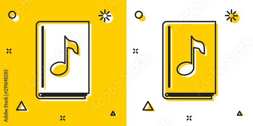 Black Audio book icon isolated on yellow and white background. Musical note with book. Audio guide sign. Online learning concept. Random dynamic shapes. Vector Illustration