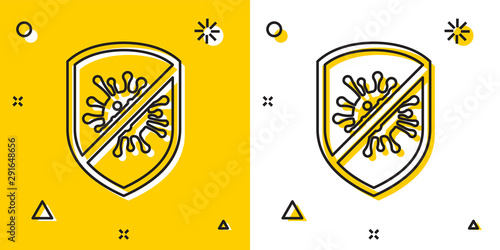 Black Stop virus, bacteria, germs and microbe icon isolated on yellow and white background. Antibacterial and antiviral defence, protection infection. Random dynamic shapes. Vector Illustration