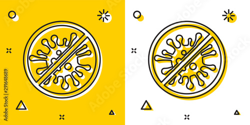 Black Stop virus, bacteria, germs and microbe icon isolated on yellow and white background. Antibacterial and antiviral defence, protection infection. Random dynamic shapes. Vector Illustration