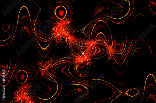 3d rendering abstract glowing orange red golden fractal with neon electricity lines on black background