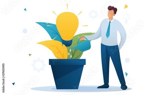 Young man is watering a pot with a growing business idea, a business startup. Flat 2D character. Concept for web design