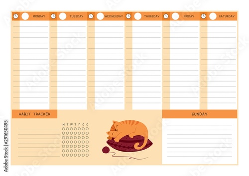 Weekly planner with habit tracker vector template. Empty personal organizer page, Blank timetable for children. Adorable kitten sleeping on knitted pillow flat illustration with text space