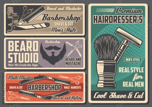 Barbershop retro design, hairdresser salon items