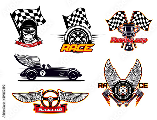 Racing sport club, motor cars, flag icons