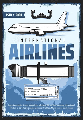 Boarding pass, plane gangway and wheel, airlines