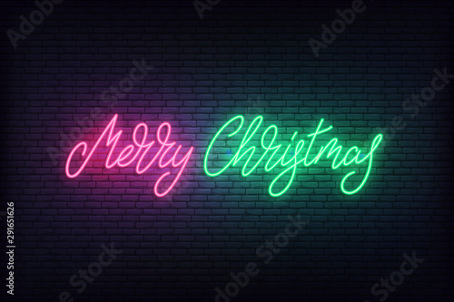 Merry Christmas neon. Glowing lettering sign for Xmas online promotion sale discount