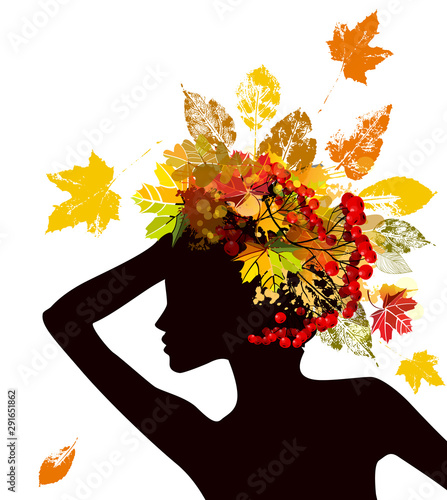 The silhouette of a girl with autumn leaves. Vector illustration