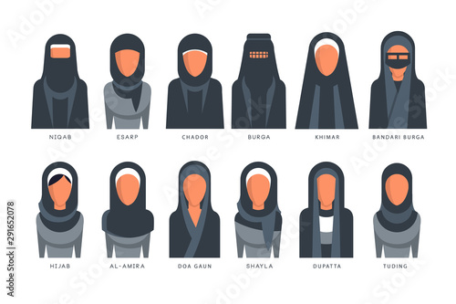 Collection of Muslim traditional hijab type models, arab women in shayla, dupatta, tuding, esarp, chador, al-amira, burga, khimar, bandari burga vector Illustrations on a white background