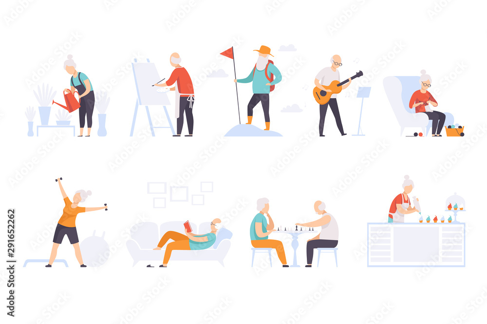 Naklejka premium Elderly people enjoying various hobbies, senior men and women leading an active lifestyle social concept vector Illustration on a white background