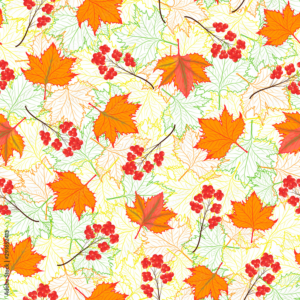 raster illustration. fall maple leaves and red rowan berries on fall outlined leaves seamless repeat pattern. best for fall prints.