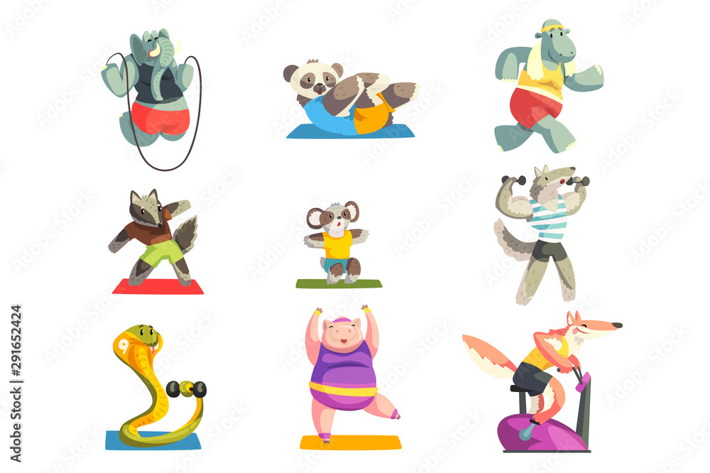 Cute animals wearing uniform doing exercises using sports equipment set, sportive animal characters, fitness and healthy lifestyle vector Illustrations on a white background