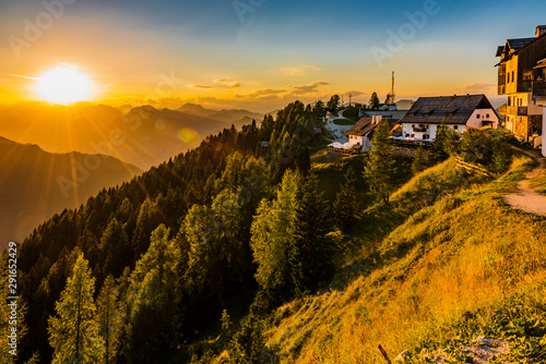 Sunset on the peaks. Mount Lussari  last lights towards dusk. Italy