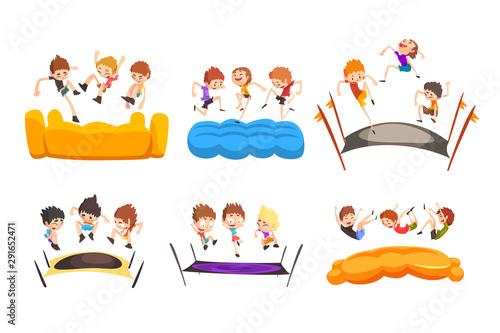 Boys jumping on trampoline, happy bouncing kids having fun on trampoline vector Illustration on a white background photo