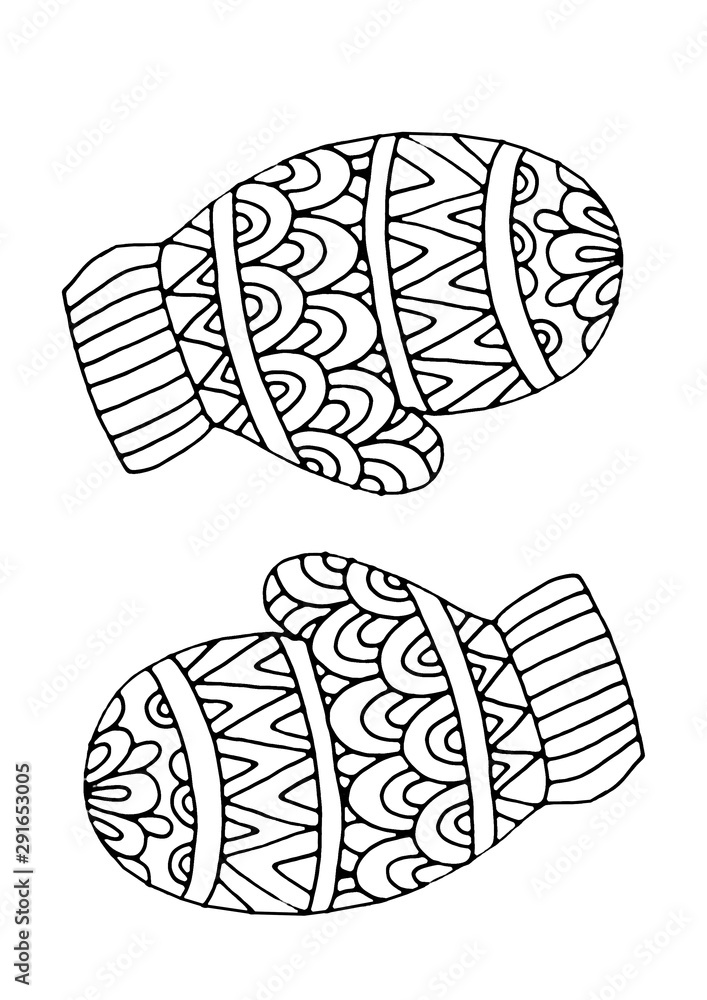 Two mittens mantles coloring page. Hand drawing coloring book for children  and adults. Beautiful drawings with patterns and small details. One of a  series of painted pictures. Stock Illustration | Adobe Stock
