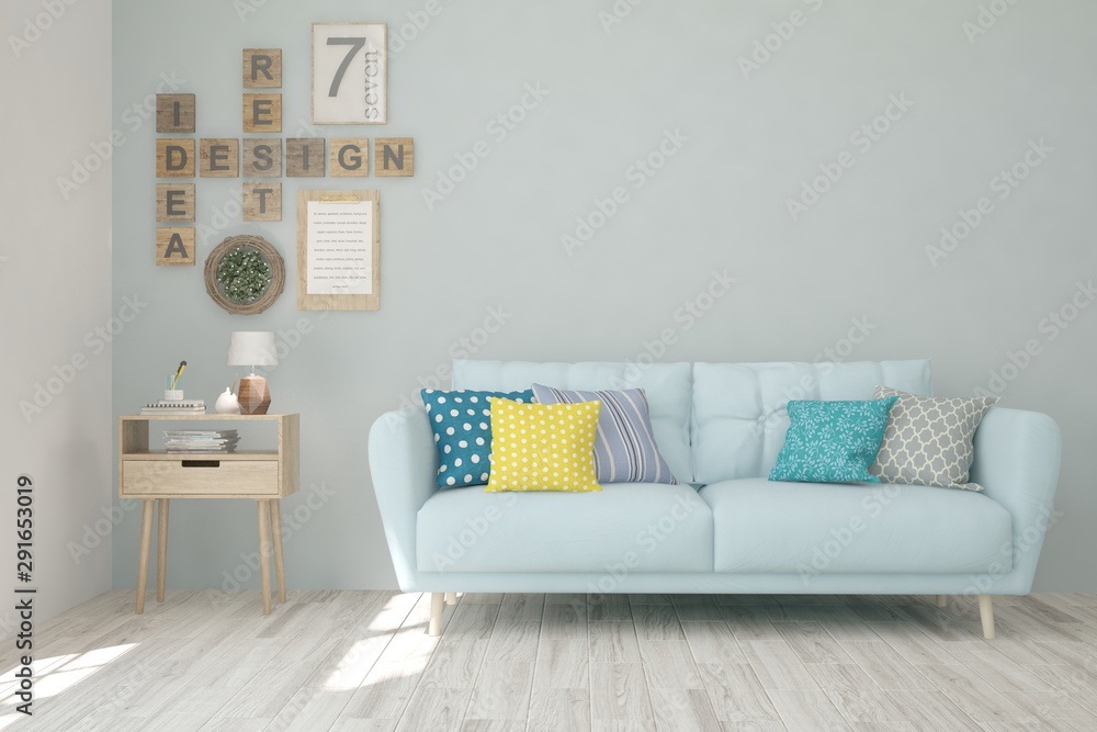 Fototapeta premium Stylish room in white color with sofa. Scandinavian interior design. 3D illustration