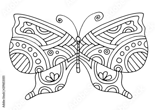 Butterfly coloring page. Hand drawing coloring book for children and adults. Beautiful drawings with patterns and small details. One of a series of painted pictures. © Katya Lisich