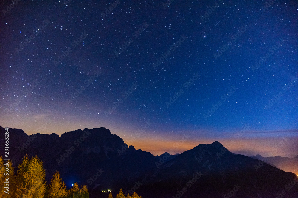 Night on the Sanctuary of the three borders. Mount Lussari. Italy