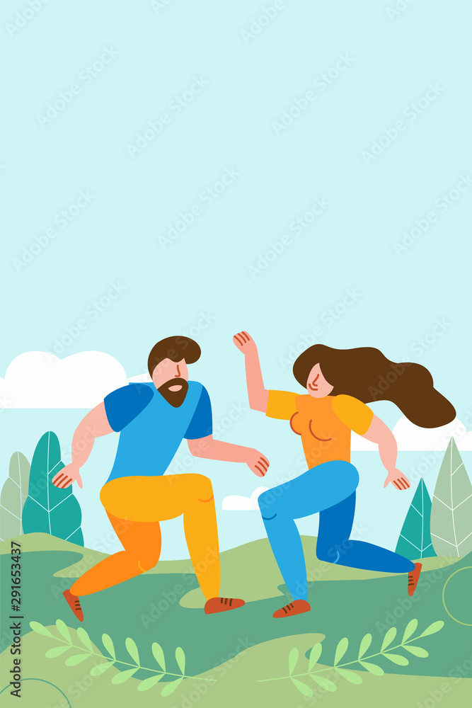 Loving couple dancing on a background of green summer landscape. Cope space is free for invitation text to a dance, party or Valentine's Day celebration. Vector illustration flat style