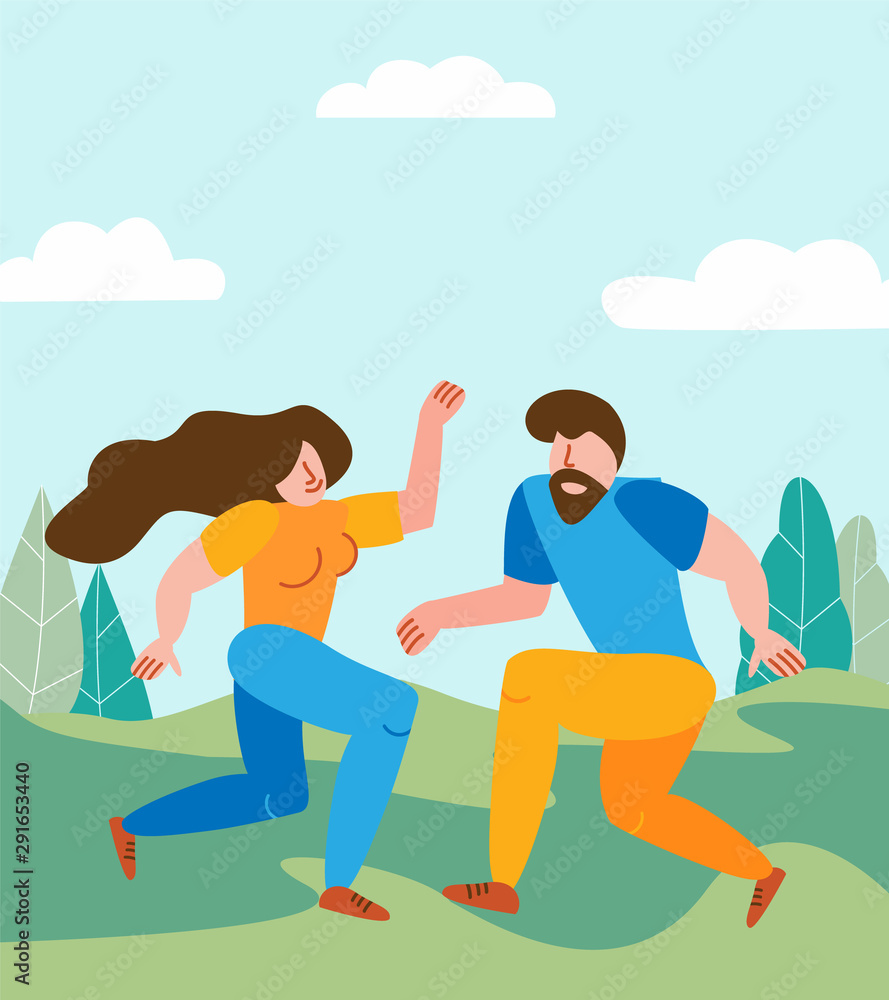 A happy couple has fun together and dances against the backdrop of the landscape. A man and a girl swing dancing and invite to a dance, party or celebration of Valentine Day. Vector illustration A happy couple has fun together and dances against the backdrop of the landscape. A man and a girl swing dancing and invite to a dance, party or celebration of Valentine Day. Vector illustration