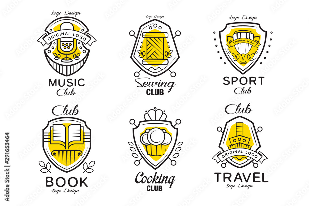 Fototapeta premium Hobby club logo design set, badges with heraldic shield, book, cooking, travel, sewing, music, sport club vector Illustrations on a white background