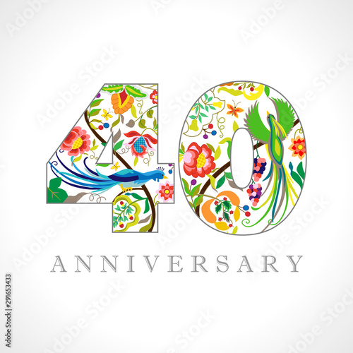 40 years old logotype. 40 th anniversary numbers. Decorative symbol. Age congrats with peacock birds. Isolated abstract graphic design template. Royal colorful digits. Up to 40% percent off discount.