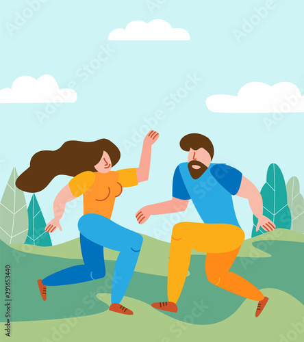 A happy couple has fun together and dances against the backdrop of the landscape. A man and a girl swing dancing and invite to a dance, party or celebration of Valentine Day. Vector illustration