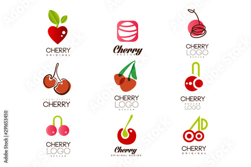 Cherry logo design set, creative templates can be used for cafe, bar, club, grocery store, package, price tag, flyer vector Illustrations
