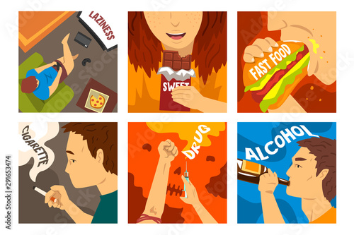 Bad habits and addictions of modern society set, cigarette, drug, alcohol, fast food, gadgets, shopping addiction vector Illustrations