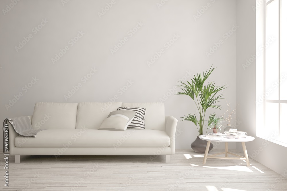 Stylish room in white color with sofa. Scandinavian interior design. 3D illustration Stylish room in white color with sofa. Scandinavian interior design. 3D illustration